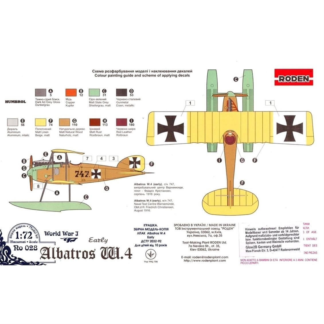 Roden 028 1/72 Ölçek, Albatros W.IV early