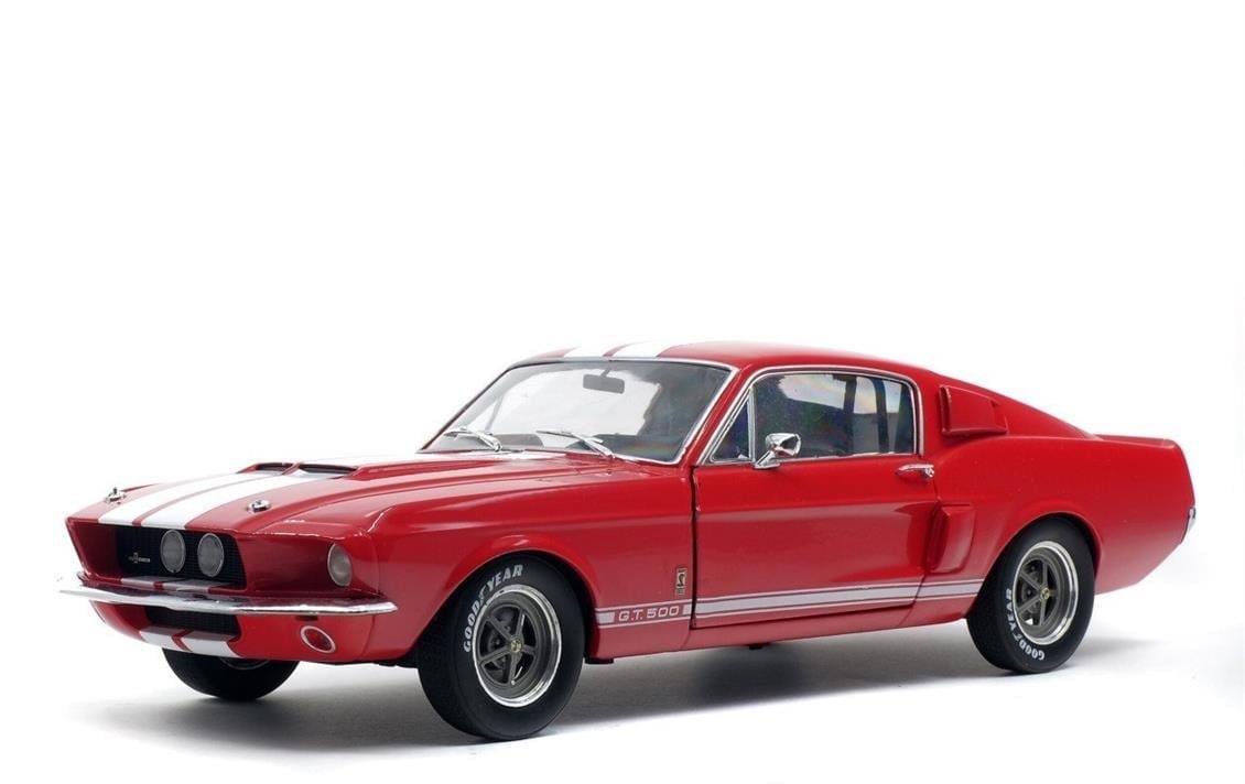 Solido S1802902 1/18 Ölçek, 1967 Shelby Mustang GT500-Kırmızı üzeri Beyaz Çizgili-Sergilemeye Hazır Metal Araba Modeli
