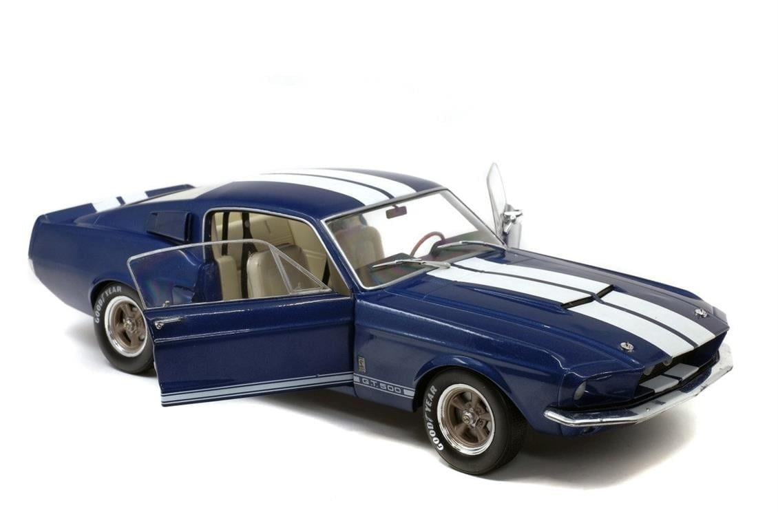 Solido S1802903 1/18 Ölçek, 1967 Shelby Mustang GT500-Mavi üzeri Beyaz Çizgili-Sergilemeye Hazır Metal Araba Modeli