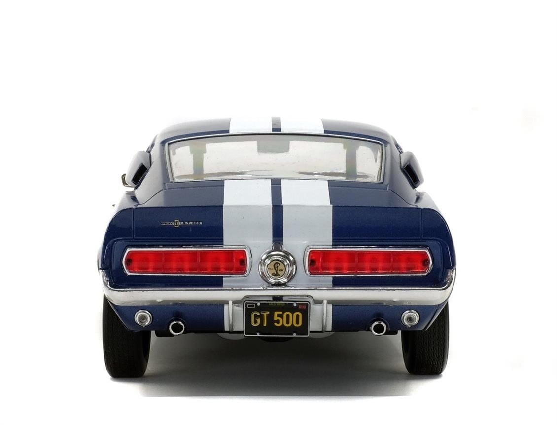 Solido S1802903 1/18 Ölçek, 1967 Shelby Mustang GT500-Mavi üzeri Beyaz Çizgili-Sergilemeye Hazır Metal Araba Modeli