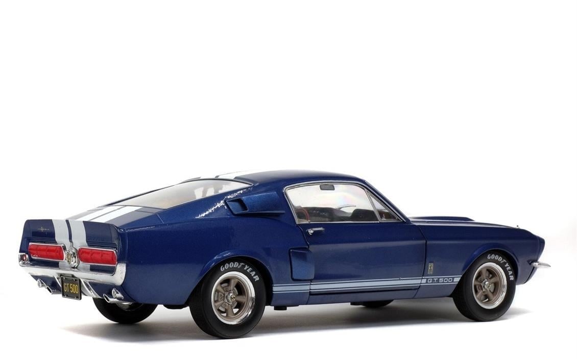 Solido S1802903 1/18 Ölçek, 1967 Shelby Mustang GT500-Mavi üzeri Beyaz Çizgili-Sergilemeye Hazır Metal Araba Modeli
