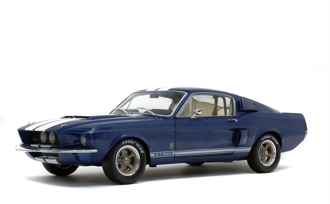 Solido S1802903 1/18 Ölçek, 1967 Shelby Mustang GT500-Mavi üzeri Beyaz Çizgili-Sergilemeye Hazır Metal Araba Modeli