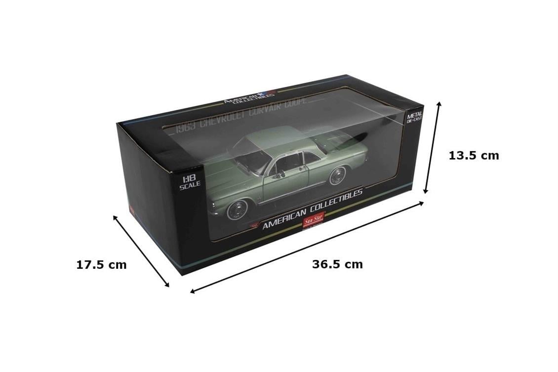 Sunstar 1483 1/18 Ölçek, 1963 Chevrolet Corvair Coupe, Defne Yeşili, Sergilemeye Hazır Metal Araba Modeli
