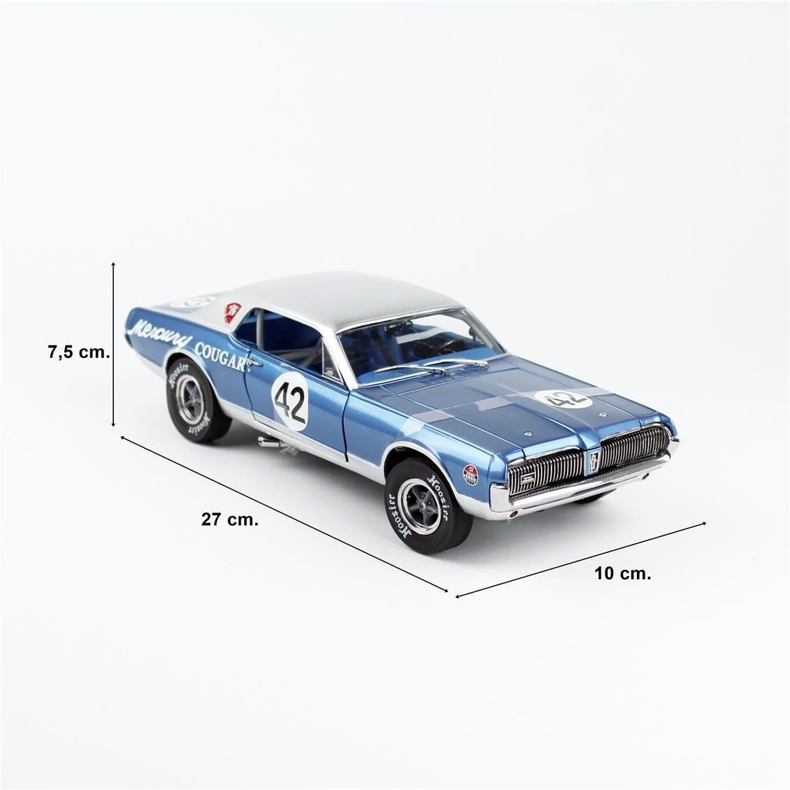 Sunstar 1584R 1/18 Ölçek, 1967 Mercury Cougar Racing-42, Mavi, Sergilemeye Hazır Metal Araba Modeli