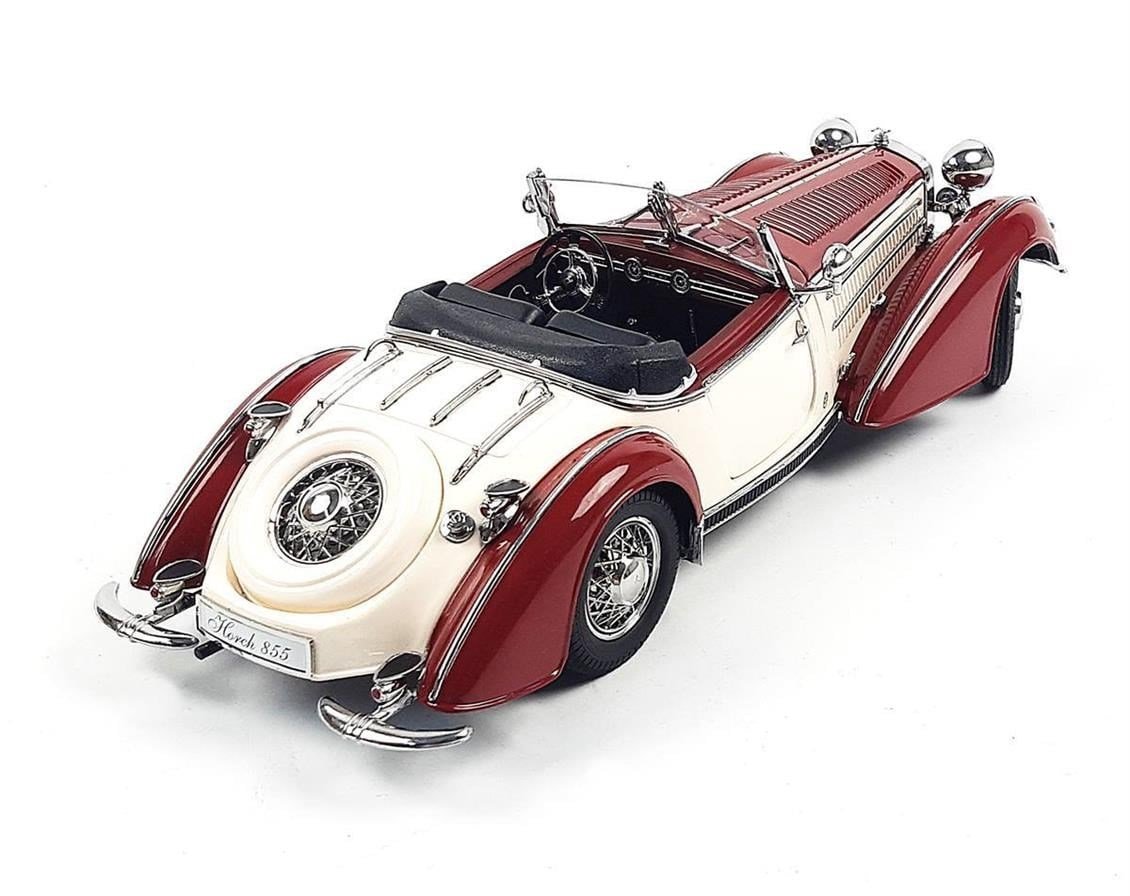 Sunstar 2406 1/18 Ölçek, 1939 Horch 855 Roadster, Koyu Kırmızı/Krem, Sergilemeye Hazır Metal Araba Modeli