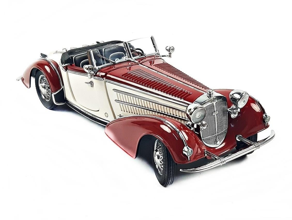 Sunstar 2406 1/18 Ölçek, 1939 Horch 855 Roadster, Koyu Kırmızı/Krem, Sergilemeye Hazır Metal Araba Modeli