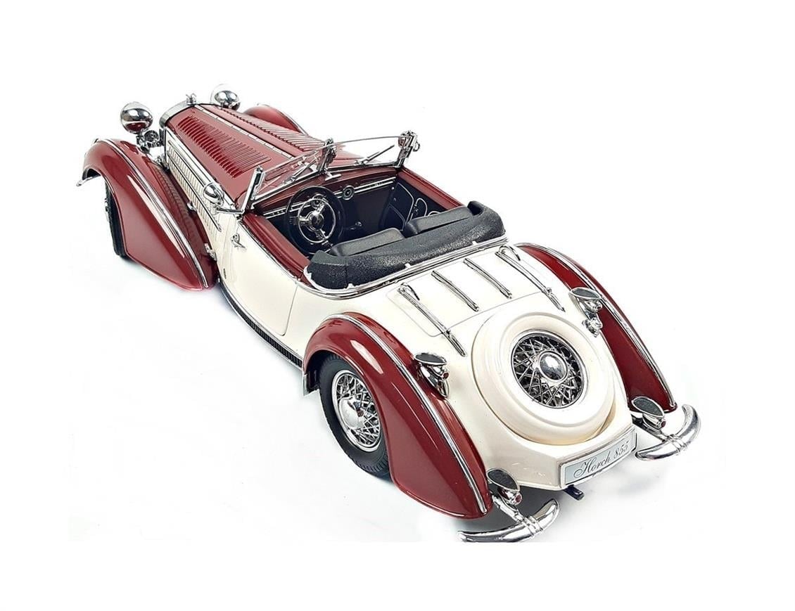 Sunstar 2406 1/18 Ölçek, 1939 Horch 855 Roadster, Koyu Kırmızı/Krem, Sergilemeye Hazır Metal Araba Modeli