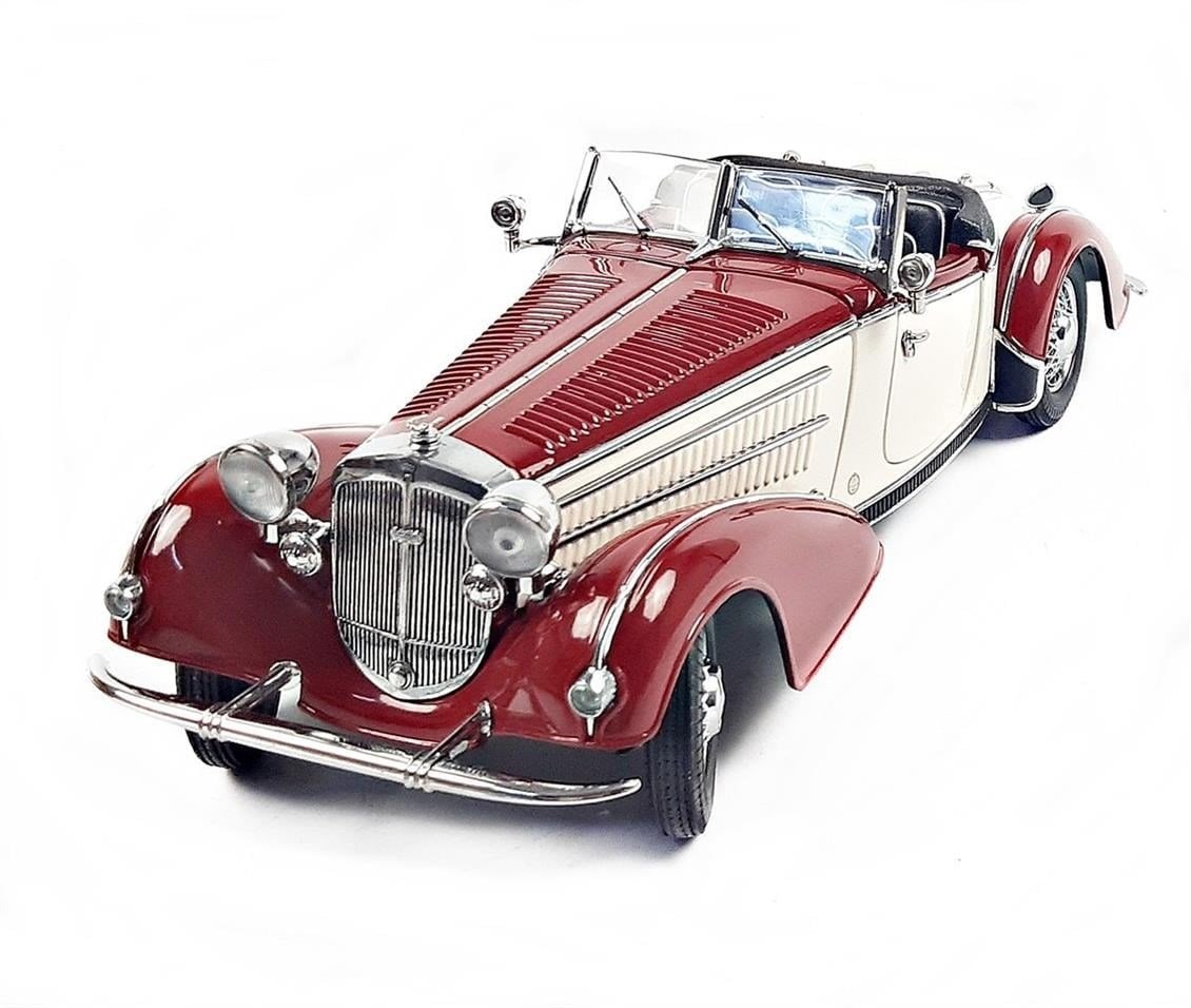 Sunstar 2406 1/18 Ölçek, 1939 Horch 855 Roadster, Koyu Kırmızı/Krem, Sergilemeye Hazır Metal Araba Modeli