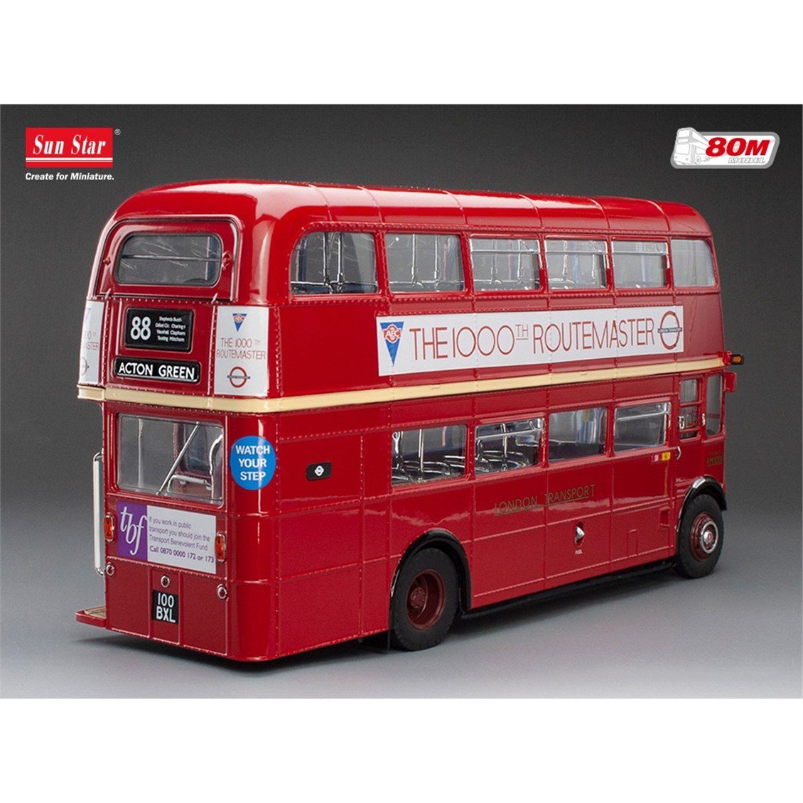 Sunstar 2943 1/24 Ölçek, Routemaster RM1000,100 BXL, Kırmızı, Sergilemeye Hazır Metal Otobüs Modeli