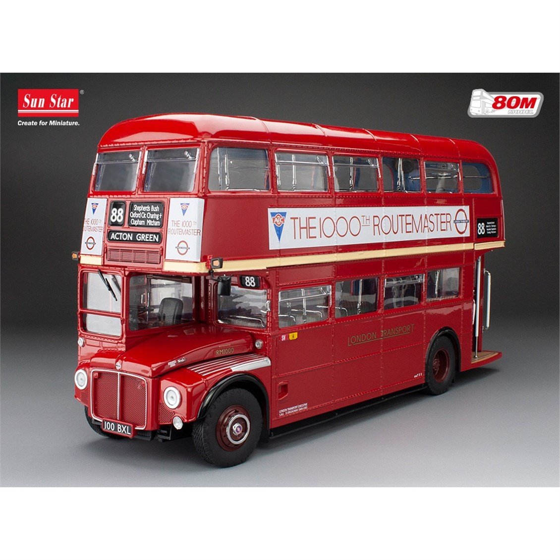 Sunstar 2943 1/24 Ölçek, Routemaster RM1000,100 BXL, Kırmızı, Sergilemeye Hazır Metal Otobüs Modeli
