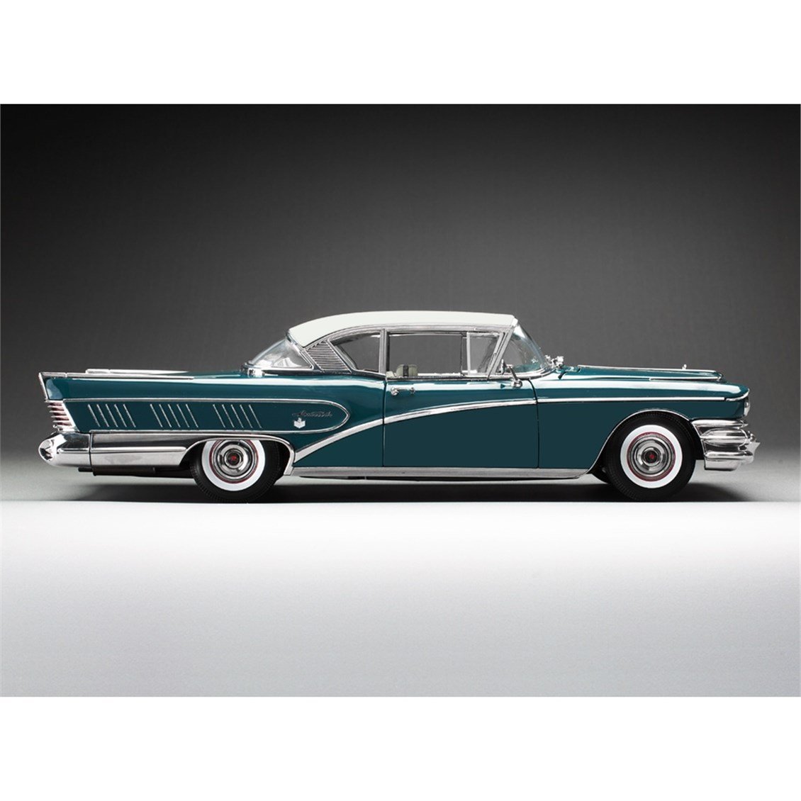 Sunstar 4808 1/18 Ölçek, 1958 Buick Limited Riviera Coupe-Glacier, Koyu Turkuaz/Buz Beyazı, Sergilemeye Hazır Metal Araba Model