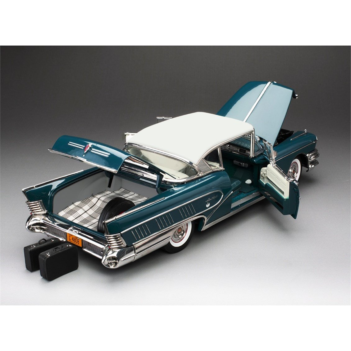 Sunstar 4808 1/18 Ölçek, 1958 Buick Limited Riviera Coupe-Glacier, Koyu Turkuaz/Buz Beyazı, Sergilemeye Hazır Metal Araba Model