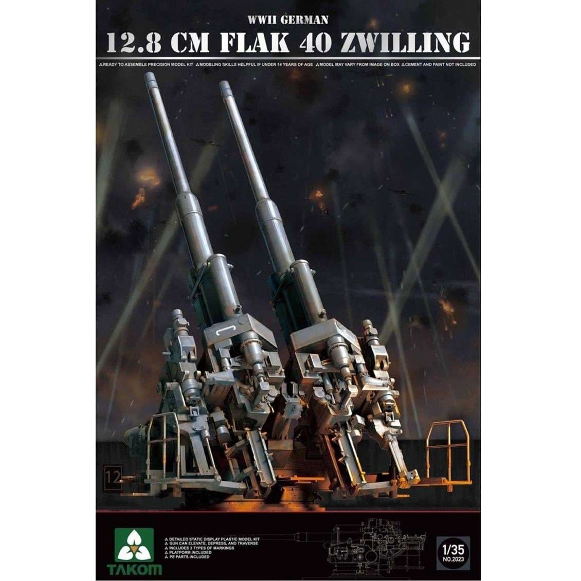 Takom 2023 1/35 Ölçek, Alman 12.8 cm FlaK 40 İkiz Topu, Plastik Model kiti