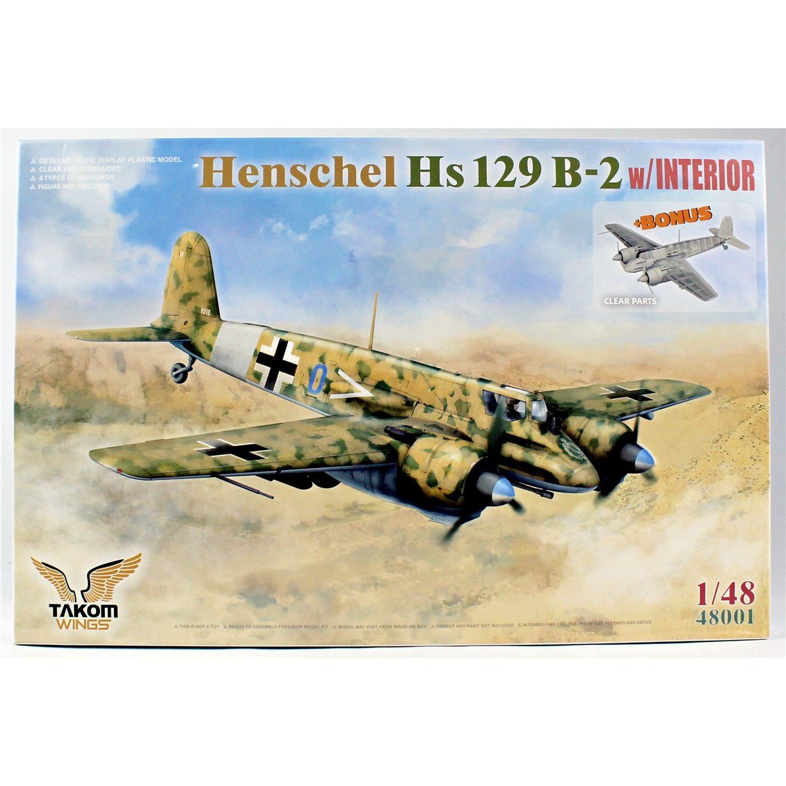 Takom 48001 1/48 Ölçek, Henschel Hs 129 B-2 (İç Detaylı) ve Şeffaf Parçalar, Savaş Uçağı Plastik Model Kiti