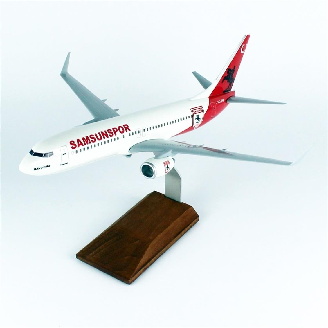 THY012 1/100 Ölçek, THY Samsun Spor Logolu B737-800 Yolcu Uçağı, Sergilemeye Hazır Ahşap Standlı Model