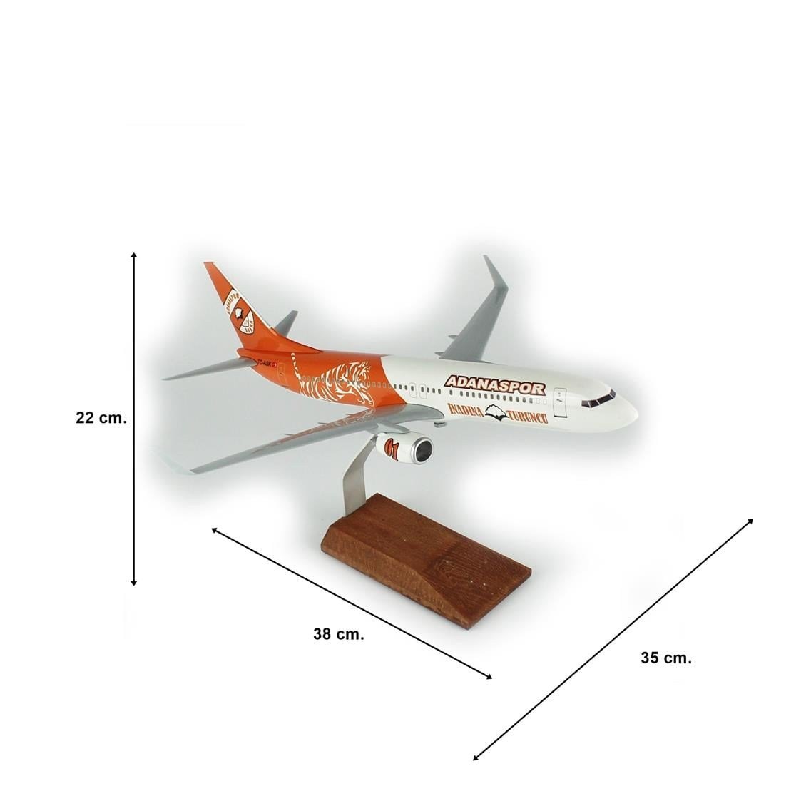 THY014 1/100 Ölçek, THY Adana Spor Logolu B737-800 Yolcu Uçağı, Sergilemeye Hazır Ahşap Standlı Model