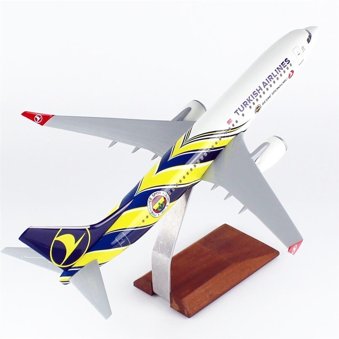THY021 1/100 Ölçek, THY Fenerbahçe Spor Klübü Logolu B737-800 Yolcu Uçağı, Sergilemeye Hazır Ahşap Standlı Model