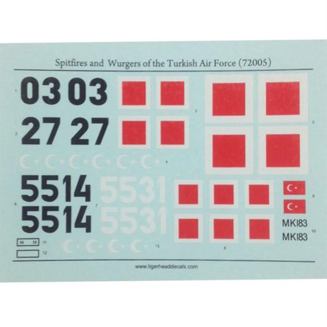 Tiger Head Decals 72005 1/72 Ölçek, Spitfires and Wurgers of the Turkish Ai