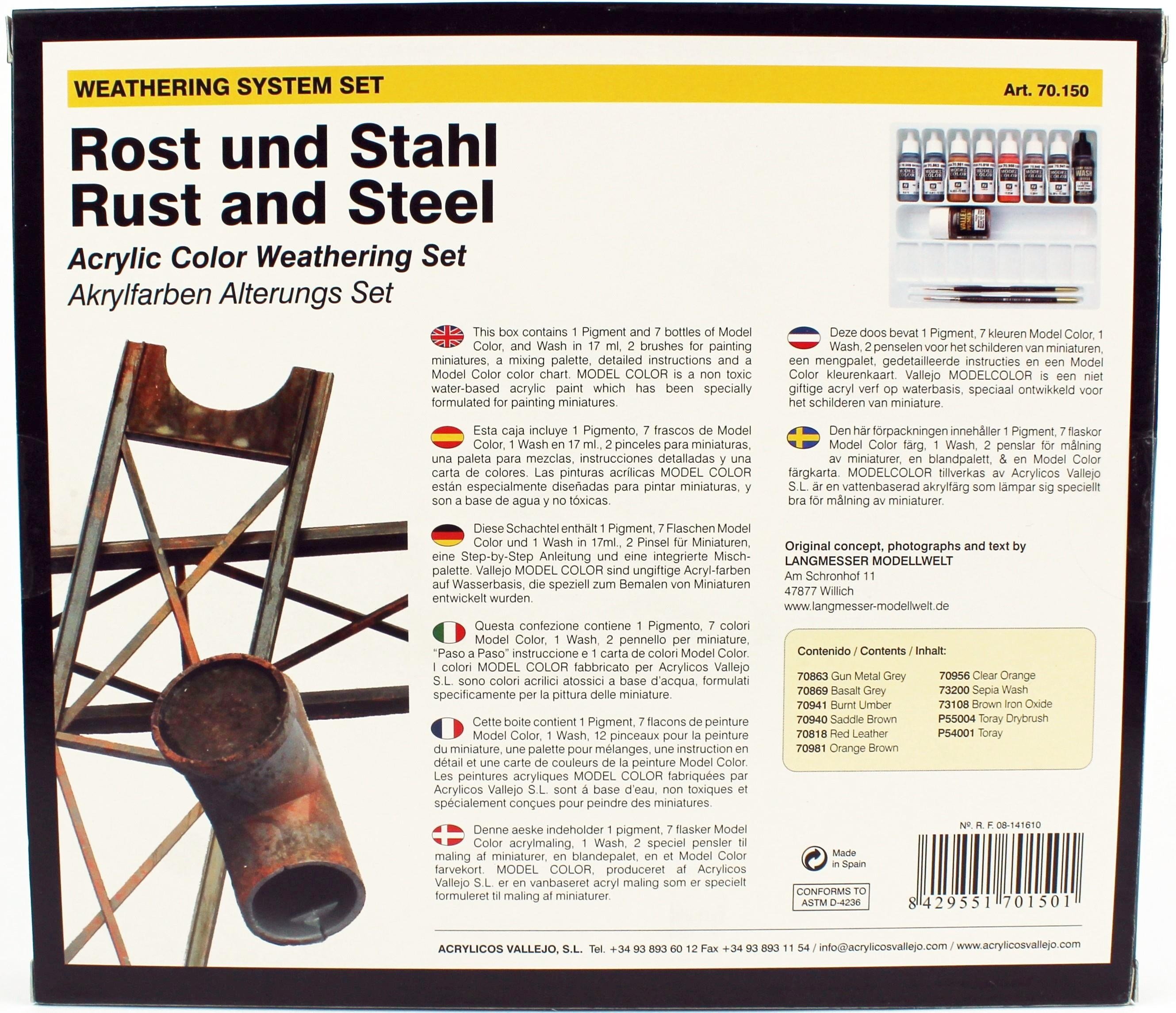 Vallejo 70150 9x18 ml. Efekt Seti, Rust, Steel ve 2 Fırça, Model Color Serisi Model Boyası Seti