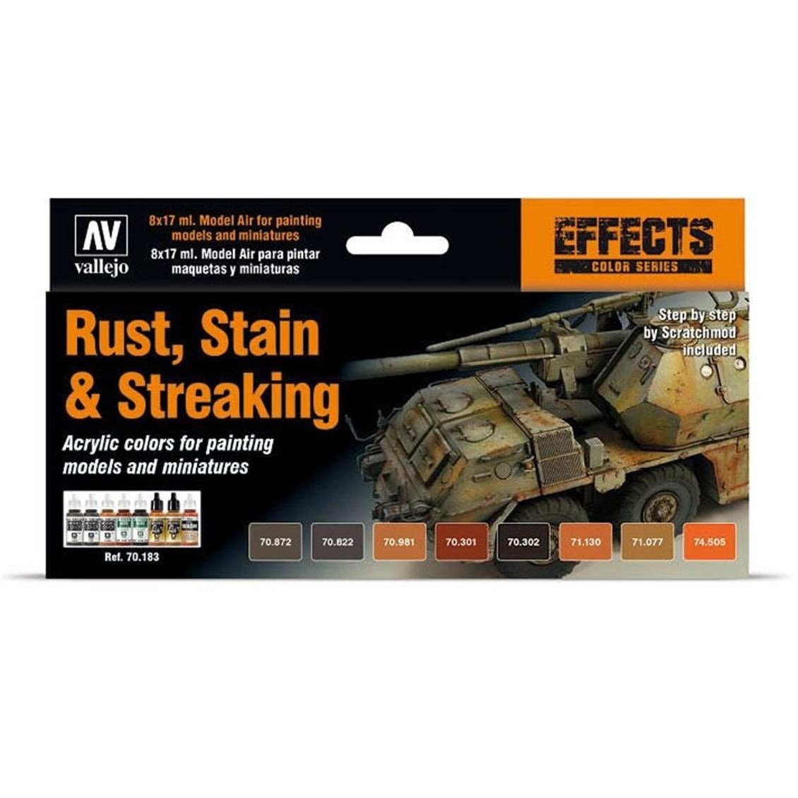 Vallejo 70183 8x18 ml. Rust, Stain & Streaking, by Scratchmod, Model Color Serisi Model Boyası Seti