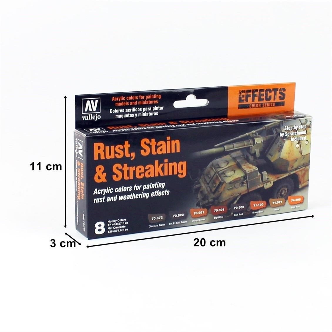 Vallejo 70183 8x18 ml. Rust, Stain & Streaking, by Scratchmod, Model Color Serisi Model Boyası Seti