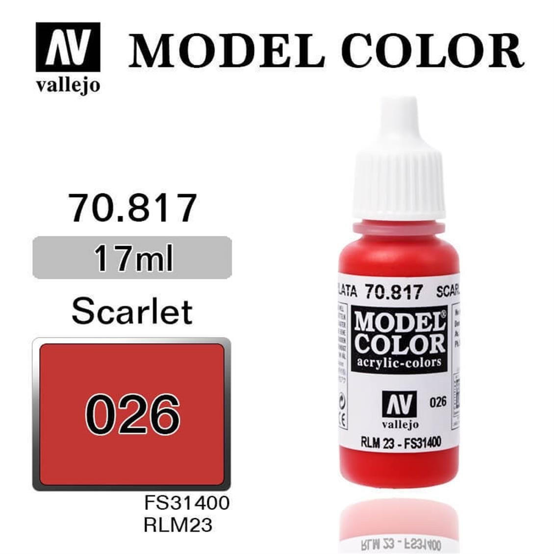 Vallejo 70817 18 ml. (26) Scarlet-Matt, Model Color Serisi Model Boyası