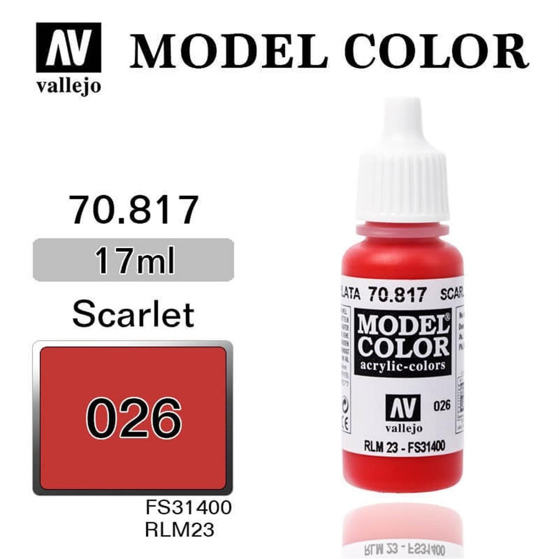 Vallejo 70817 18 ml. (26) Scarlet-Matt, Model Color Serisi Model Boyası