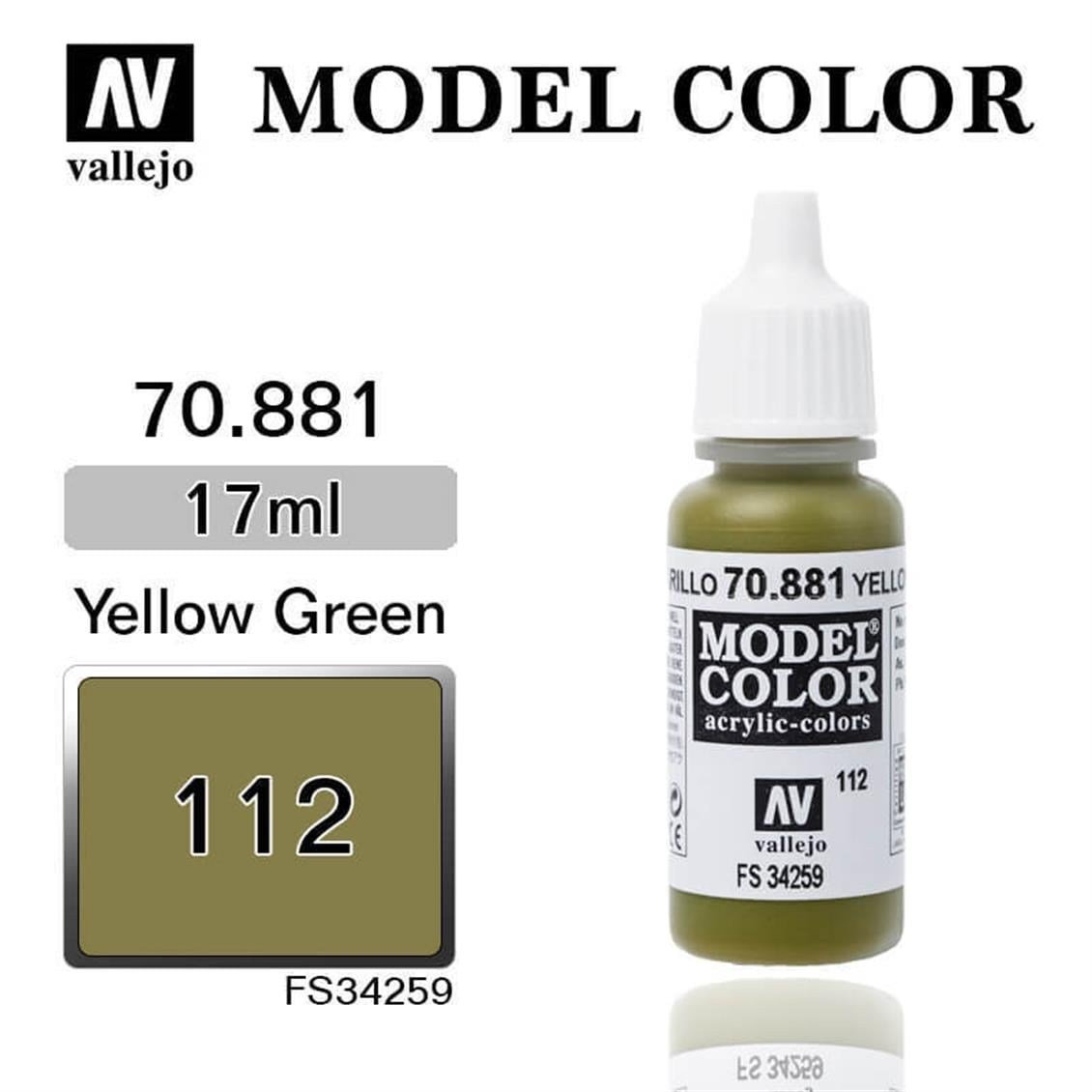 Vallejo 70881 18 ml. (112) Yellow Green-Matt, Model Color Serisi Model Boyası