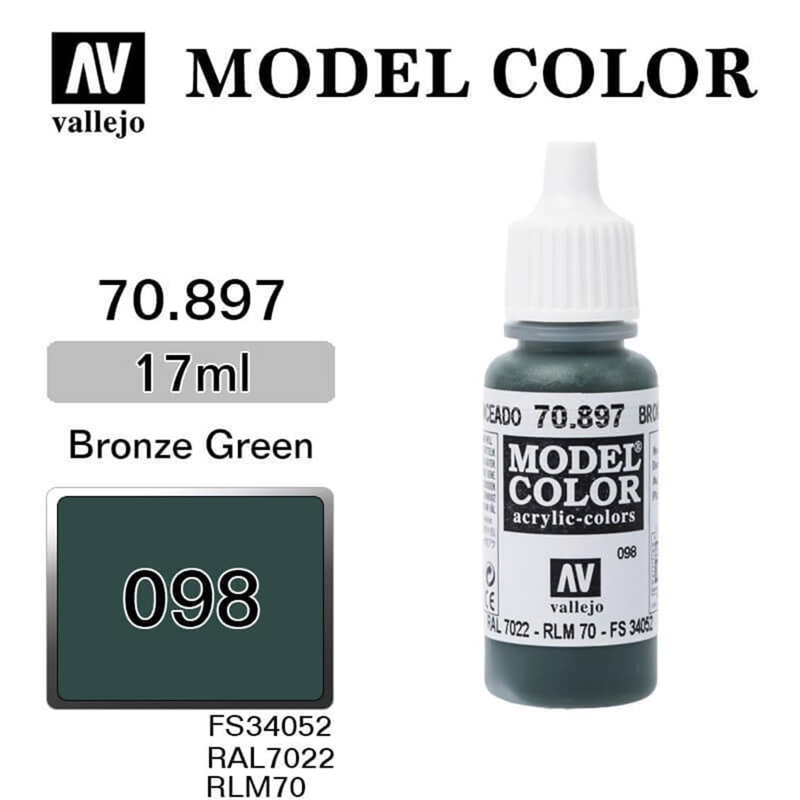 Vallejo 70897 18 ml. (98) Bronze Green-Matt, Model Color Serisi Model Boyası