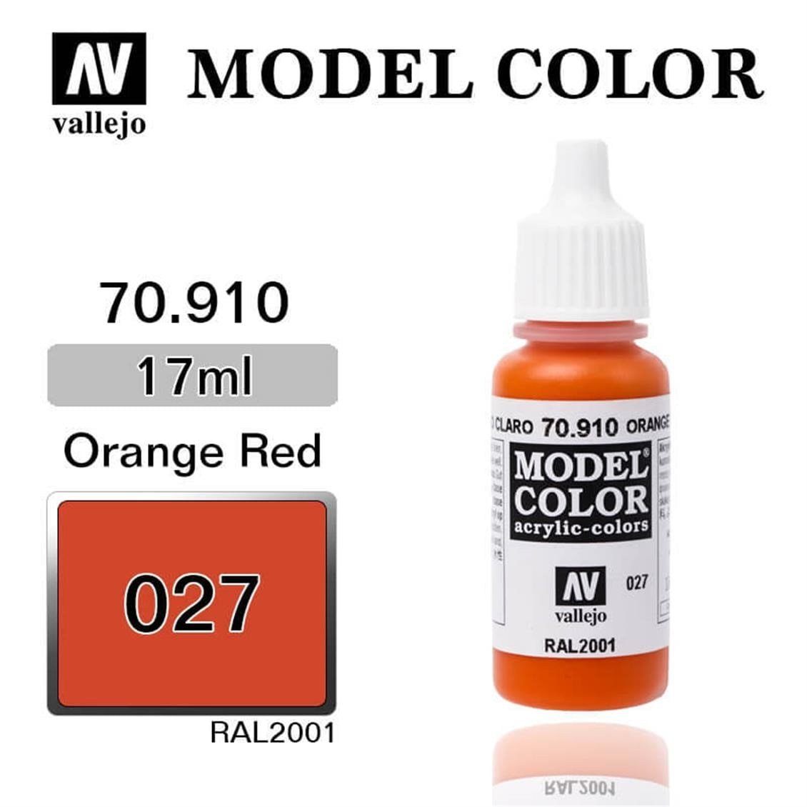 Vallejo 70910 18 ml. (27) Orange Red-Matt, Model Color Serisi Model Boyası
