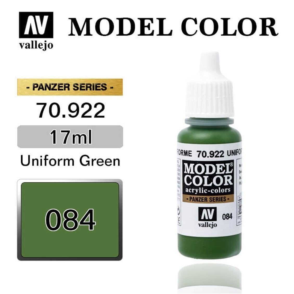 Vallejo 70922 18 ml. (84) Uniform Green-Matt, Model Color Serisi Model Boyası