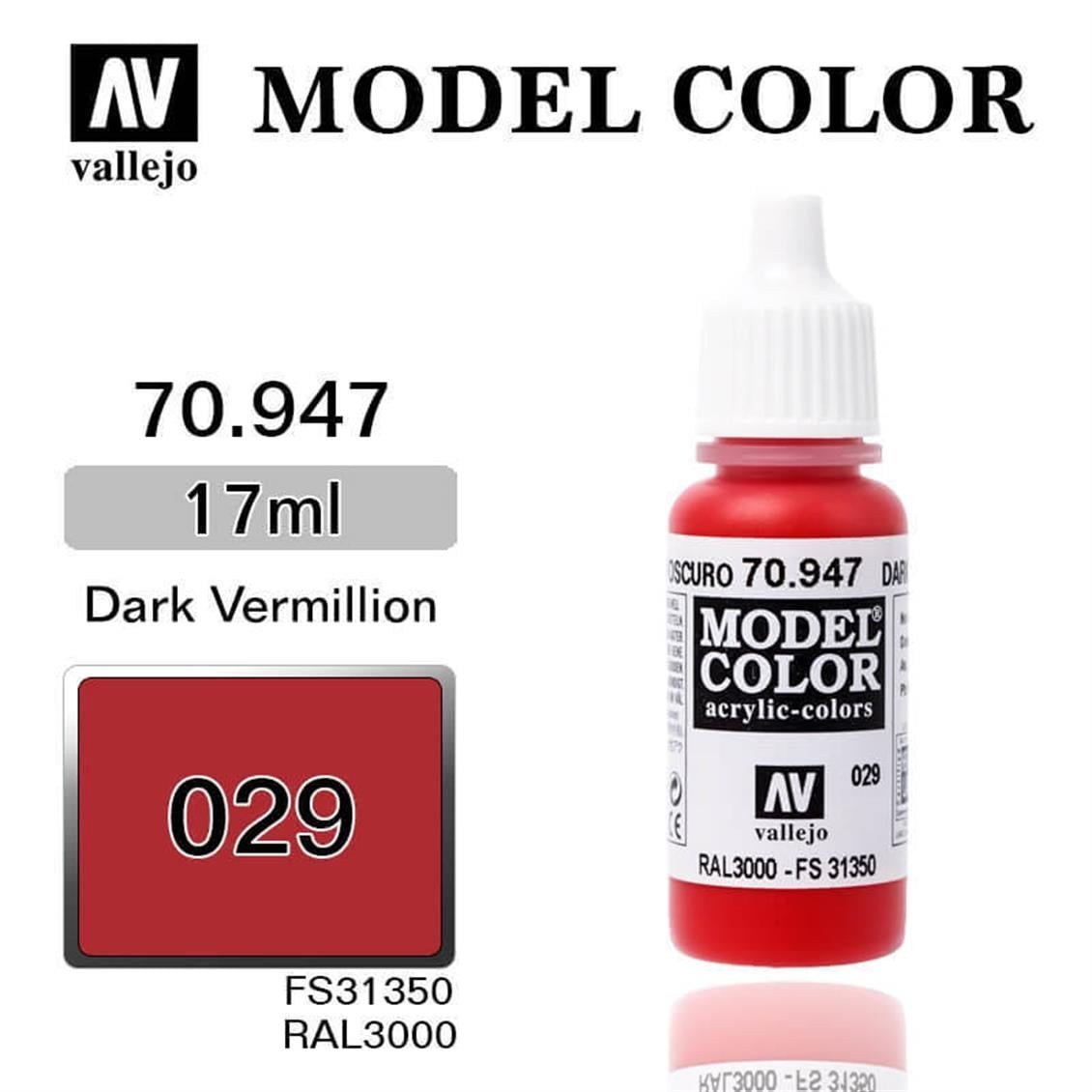 Vallejo 70947 18 ml. (29) Dark Vermillion-Matt, Model Color Serisi Model Boyası