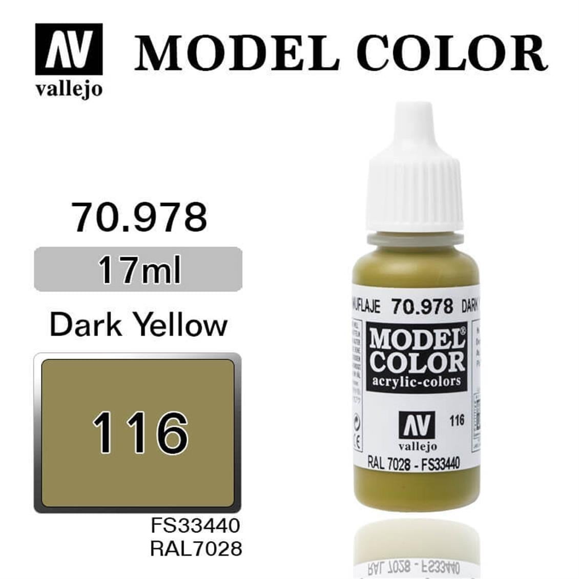 Vallejo 70978 18 ml. (116) Dark Yellow-Matt, Model Color Serisi Model Boyası