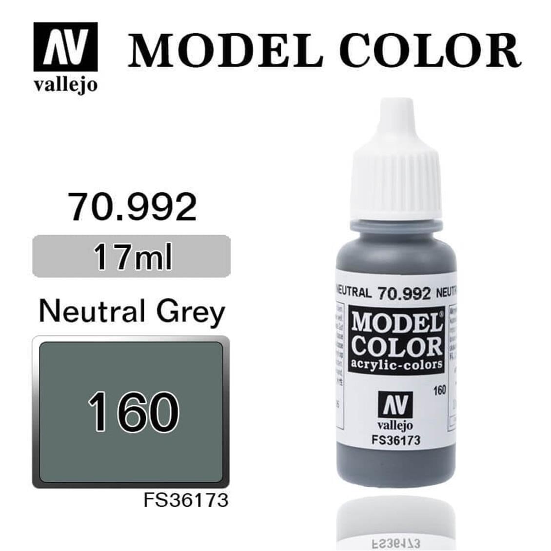 Vallejo 70992 18 ml. (160) Neutral Grey-Matt, Model Color Serisi Model Boyası