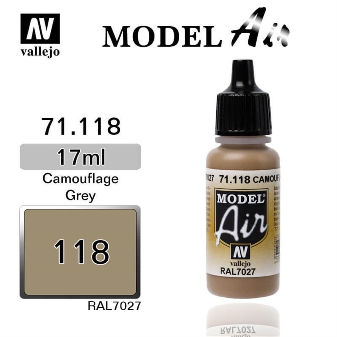 Vallejo 71118 18 ml. Camouflage Grey, Model Air Serisi Model Boyası