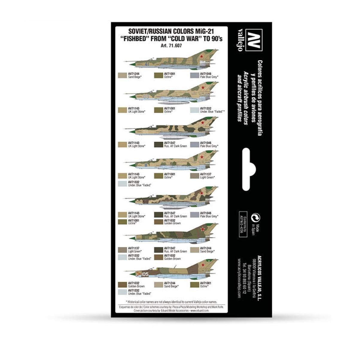 Vallejo 71607 8x18 ml. Soviet/Russian Colors MiG21 Fishbed from 50's to 90's, Model Air Serisi Model Boyası Seti
