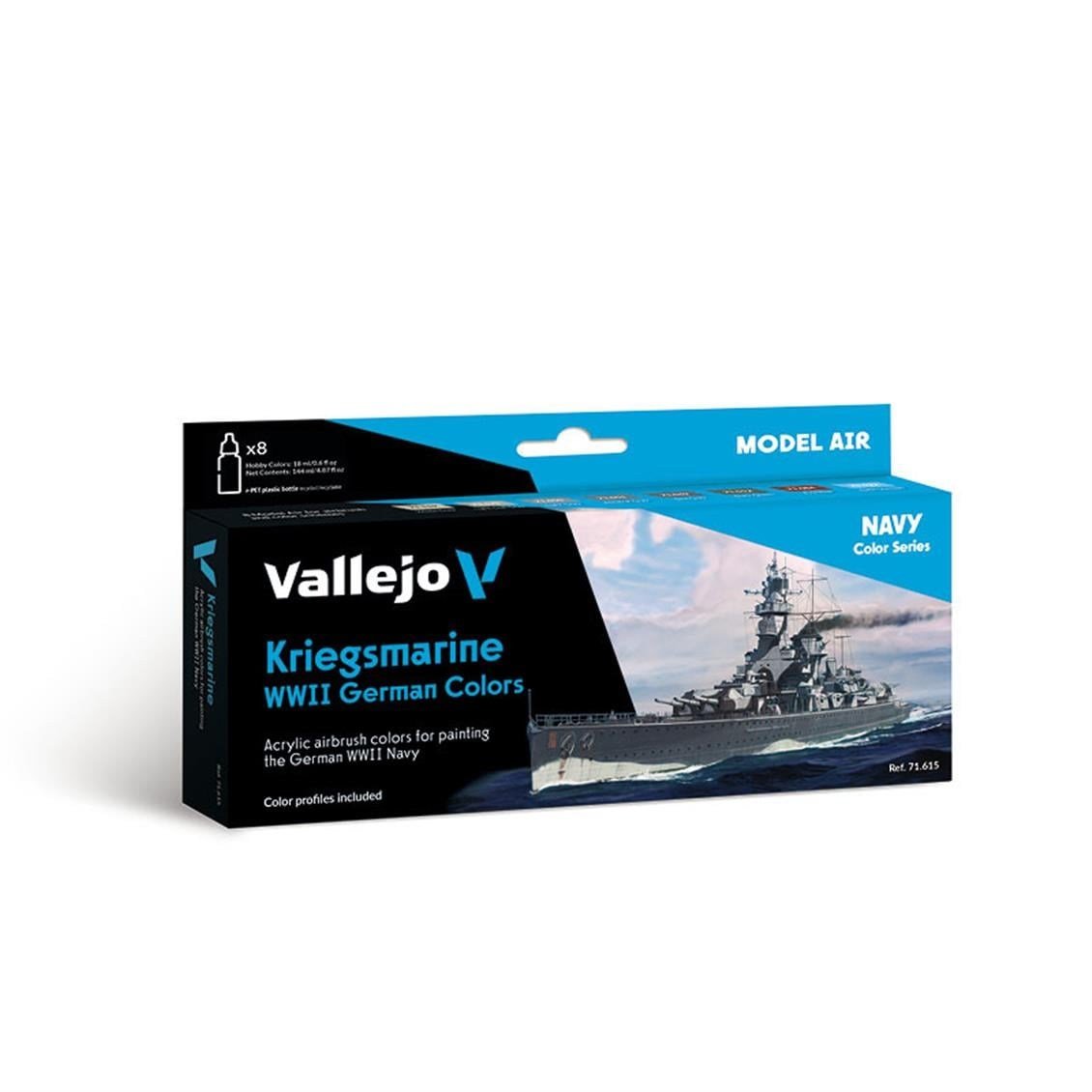 Vallejo 71615 8x18 ml. Kriegsmarine WWII German Colors, Model Air Serisi Model Boyası Seti