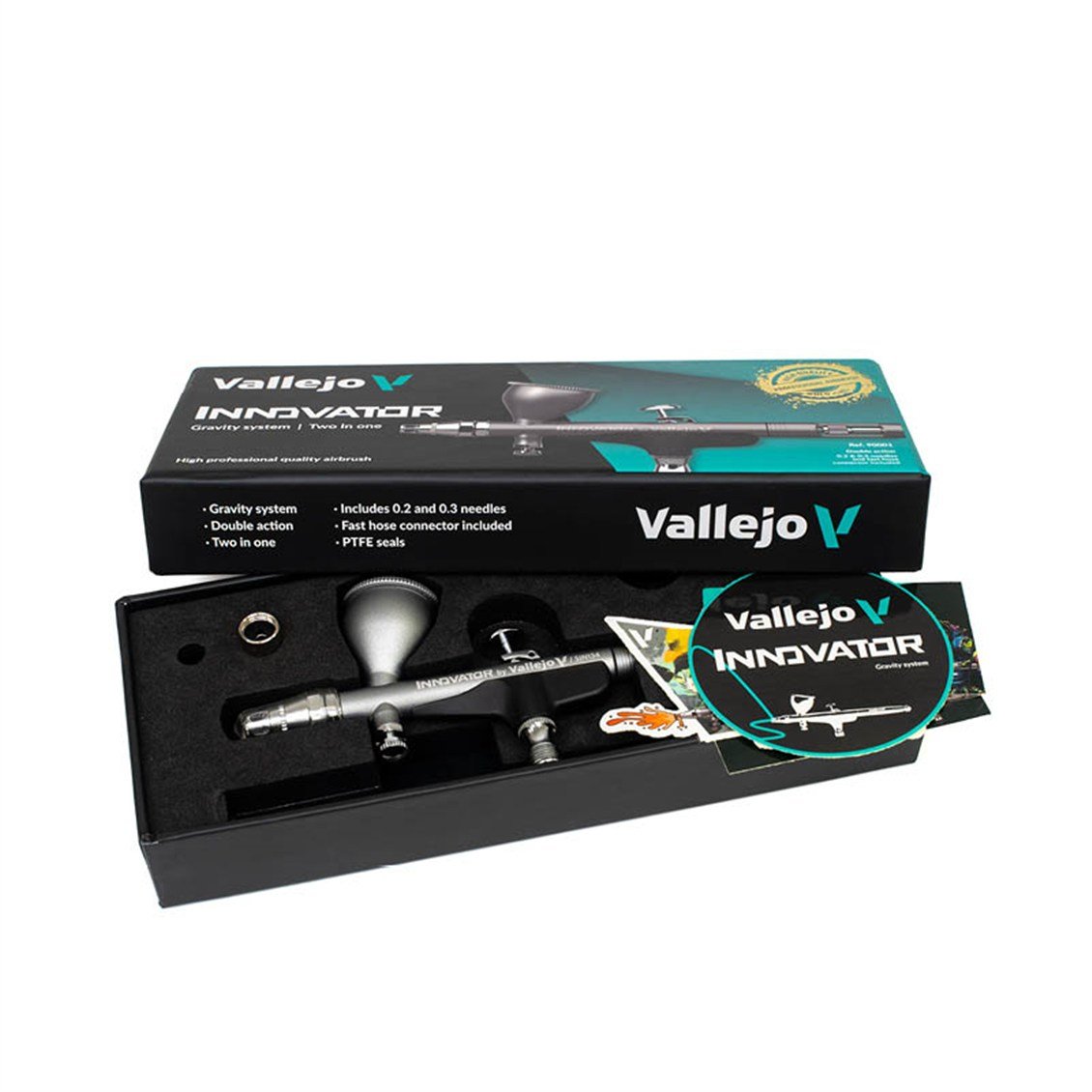 Vallejo 90001 Innovator, Çift Hamleli (Double Action), 0.2 ve 0.3 mm. Memeli, 9 ml. Hazneli Boya Tabancası