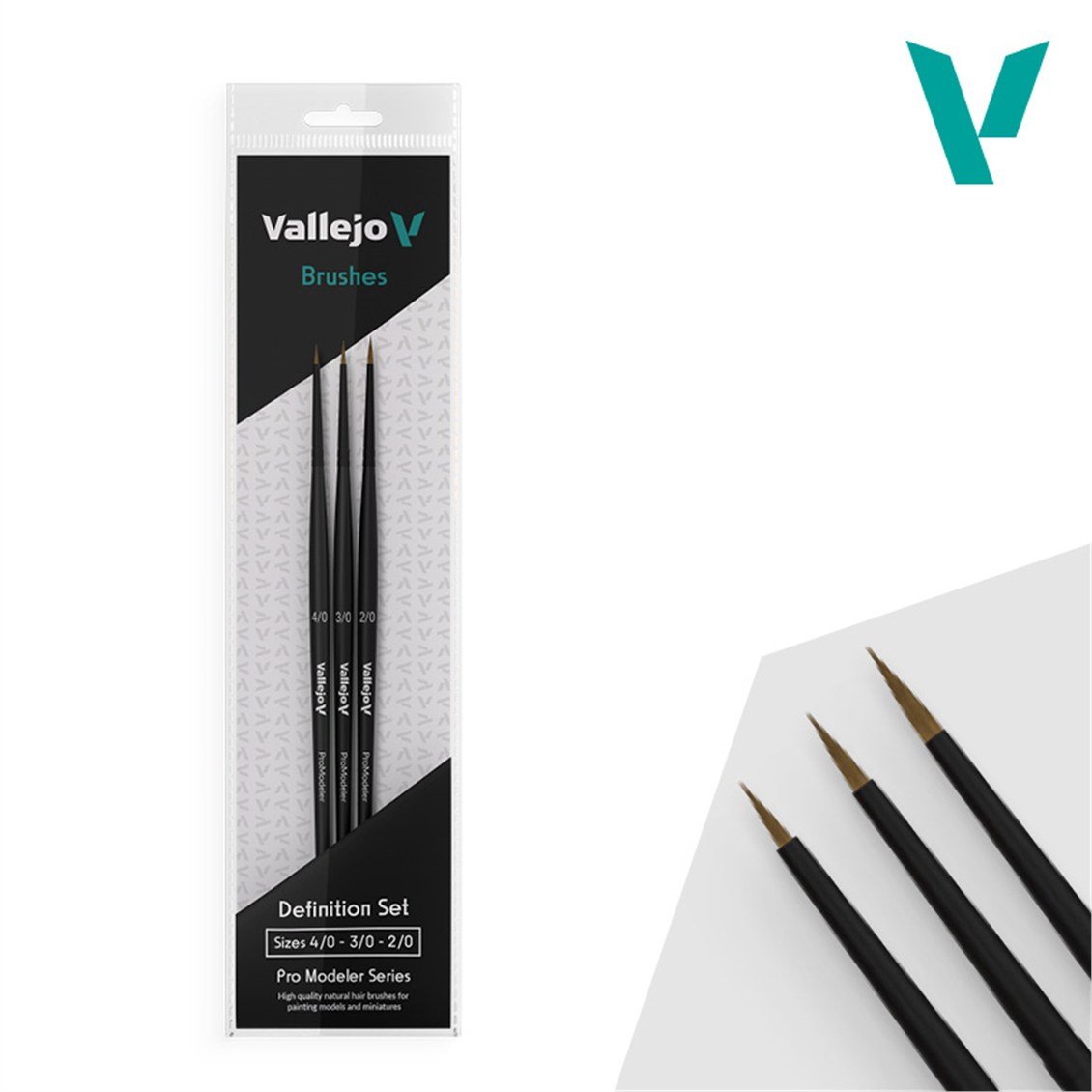 Vallejo B01990 Doğal Saç Kıllı, 3 Adet (Sizes 4/0, 3/0 & 2/0) Definition Boya Fırçası Seti