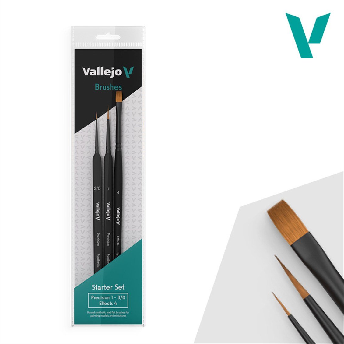 Vallejo B03990 (Round No.1 & 3/0 Triangular Handle, Flat No.4, synthetics) Başlangıç Boya Fırçası Seti