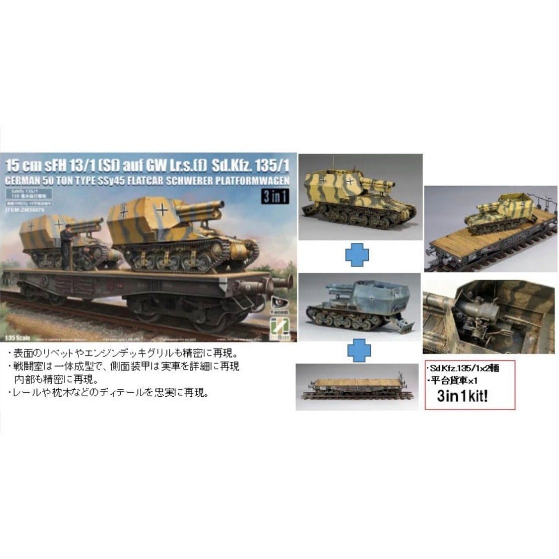 Zimi 35076 1/35 Ölçek, Düz Kasa Yük Wagonu ve 2 Adet 15 cm sFH 13/1 toplu Sd.Kfz.135/1, 3 lü Set, Plastik Model Kiti
