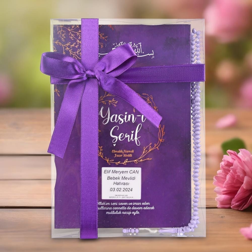 10 adet Ekonomik Yasin Kitabı ( Orta Boy ), Tesbih, Süslemeli Asetat Kutulu ( 25x18 ) cm 150 gr Mor