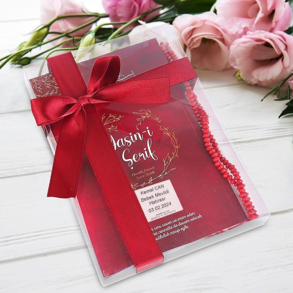 10 adet Ekonomik Yasin Kitabı ( Orta Boy ), Tesbih, Süslemeli Asetat Kutulu ( 25x18 ) cm 150 gr Bordo