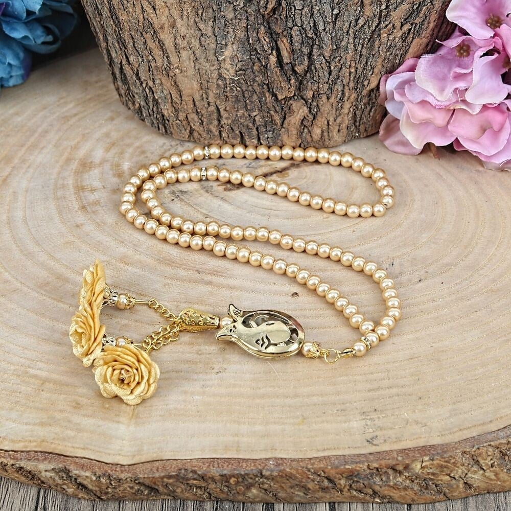 10 Adet Güllü İnci Tesbih Laleli Gold 6 mm