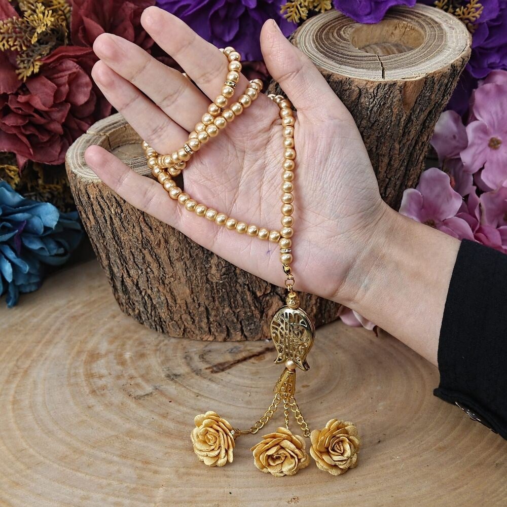 10 Adet Güllü İnci Tesbih Laleli Gold 6 mm
