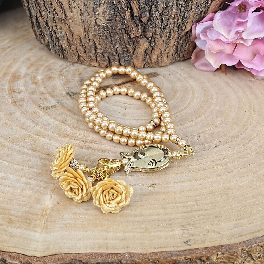 10 Adet Güllü İnci Tesbih Laleli Gold 6 mm