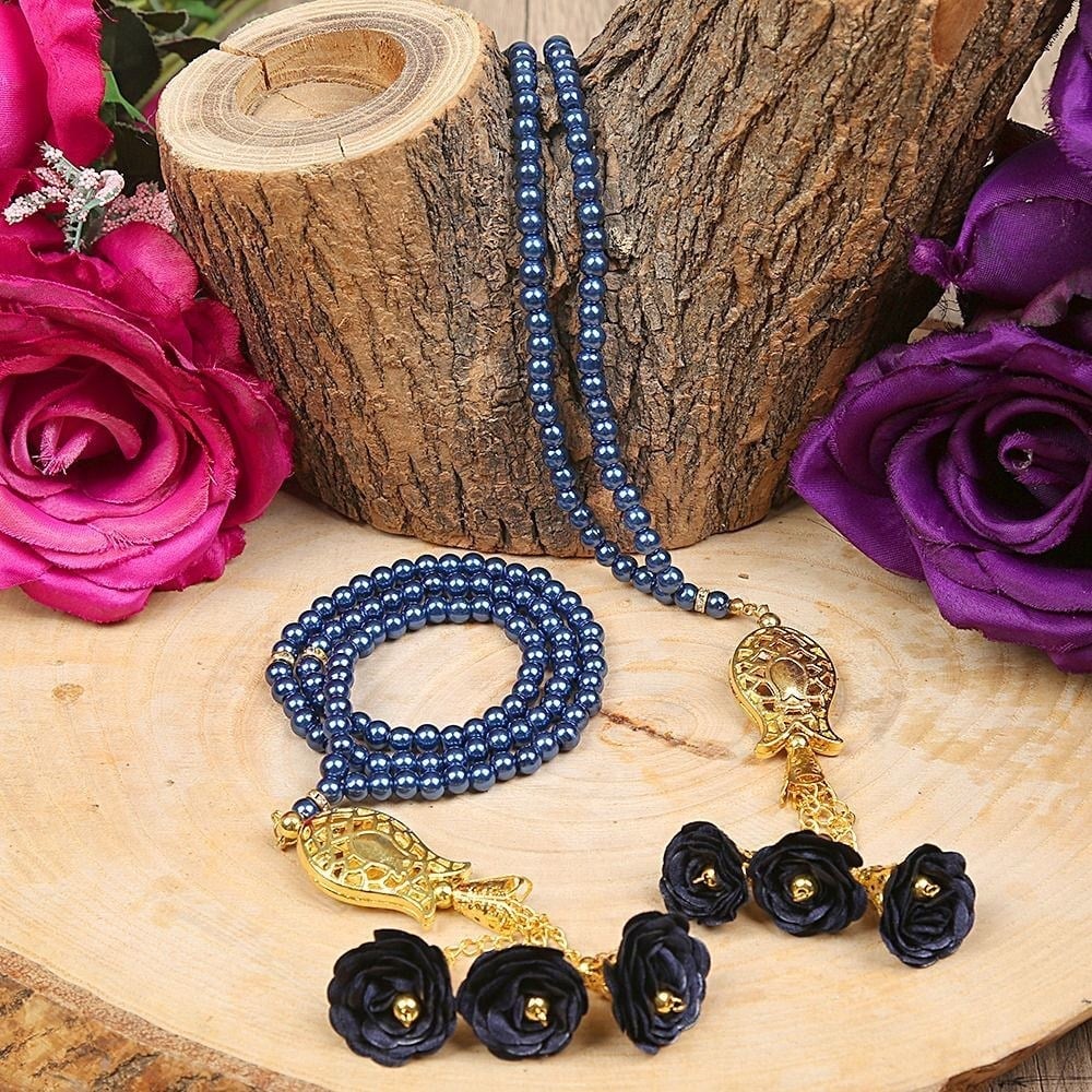 10 Adet Güllü İnci Tesbih Laleli Lacivert 6 mm