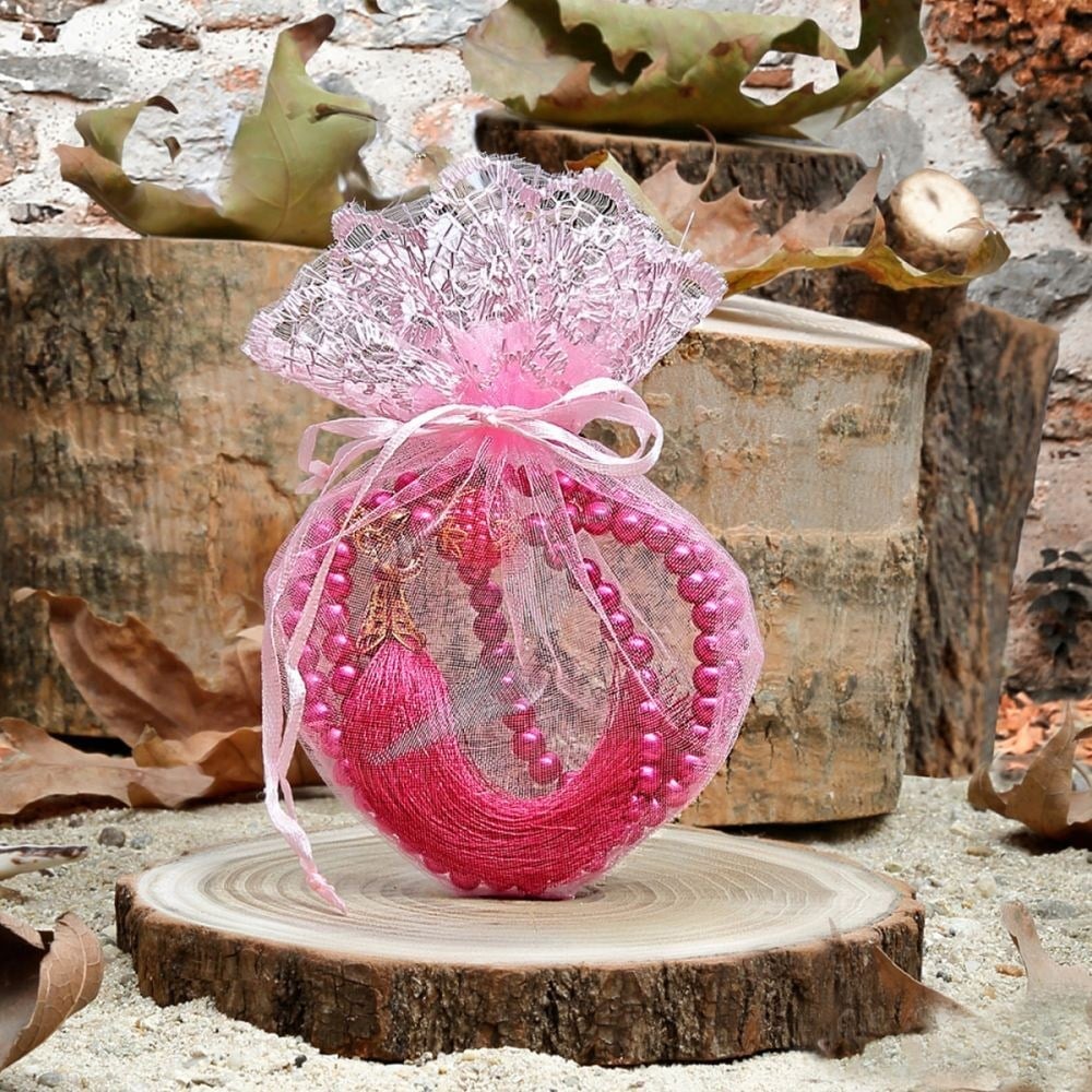 10 Adet İnci Tesbih Fuşya (Pembe Tül Kese)