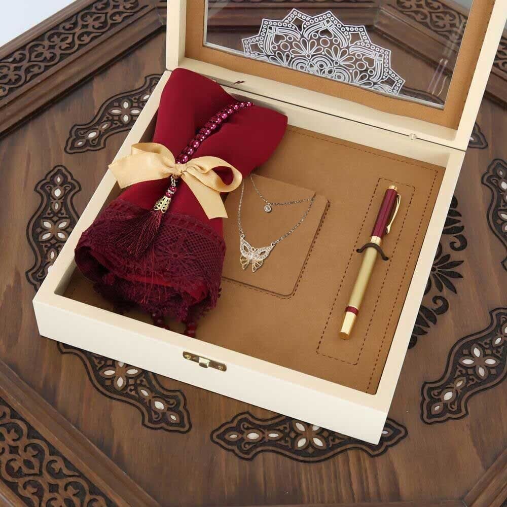 Anneler Günü Hediyesi Bordo Şal, İnci Tesbih, Kalem, Kolye, Ahşap Kutulu Set