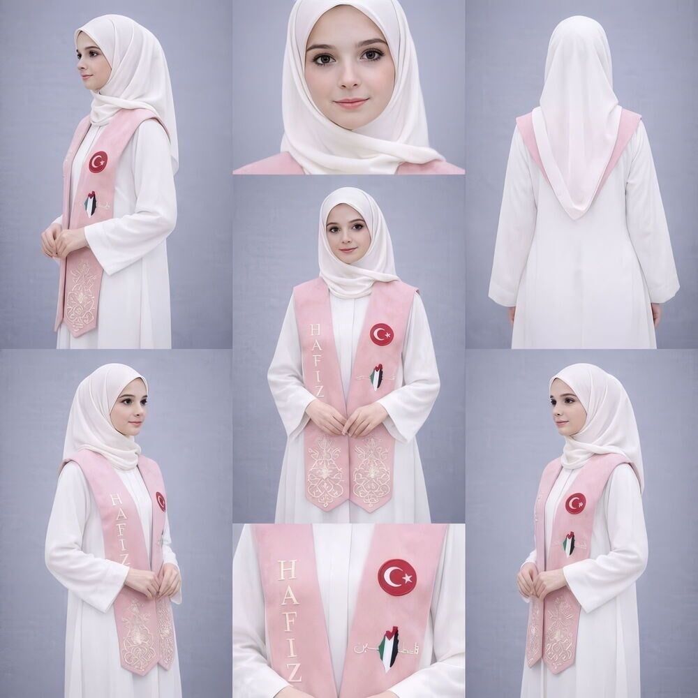 Bayan Hafızlık İcazet Merasimi Çocuk Ferace Abaya Krem Renk Elbise + Pembe Atkı